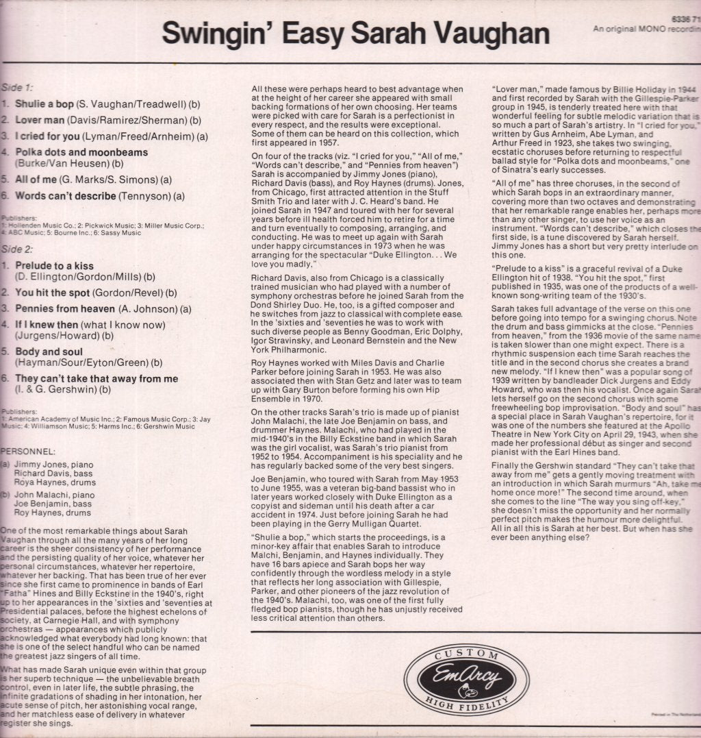 Sarah Vaughan And Her Trio - Swingin'  Easy - Lp