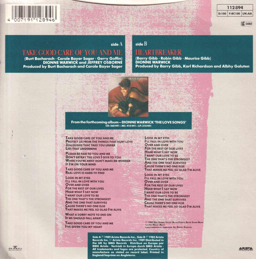 Dionne Warwick And Jeffrey Osborne - Take Good Care Of You And Me - 7 Inch