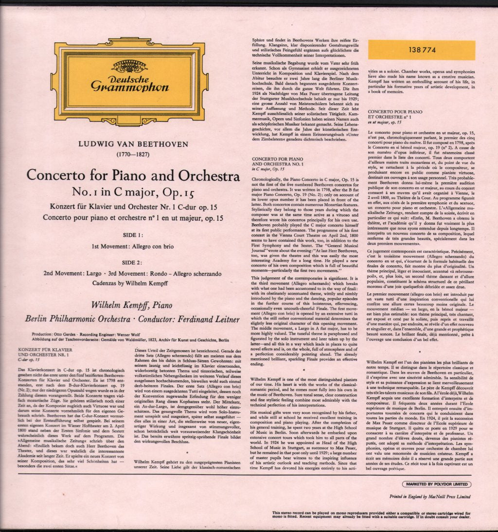 Wilhelm Kempff / Ferdinand Leitner / Berlin Philharmonic Orchestra - Beethoven - Piano Concerto No.1 In C Major - Lp