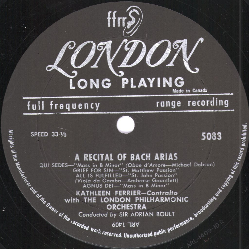 Kathleen Ferrier / London Philharmonic Orchestra / Sir Adrian Boult - A Recital Of Bach And Handel Arias - Lp