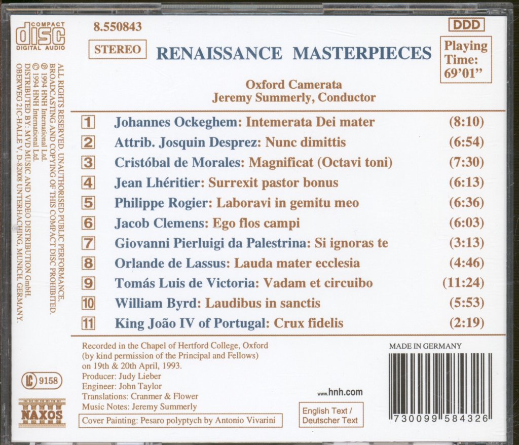 Oxford Camerata, Jeremy Summerly - Renaissance Masterpieces - Cd