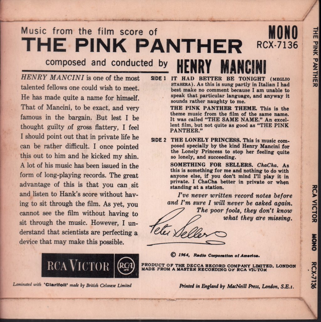 Henry Mancini - Pink Panther Theme Music From The Film Score - 7 Inch