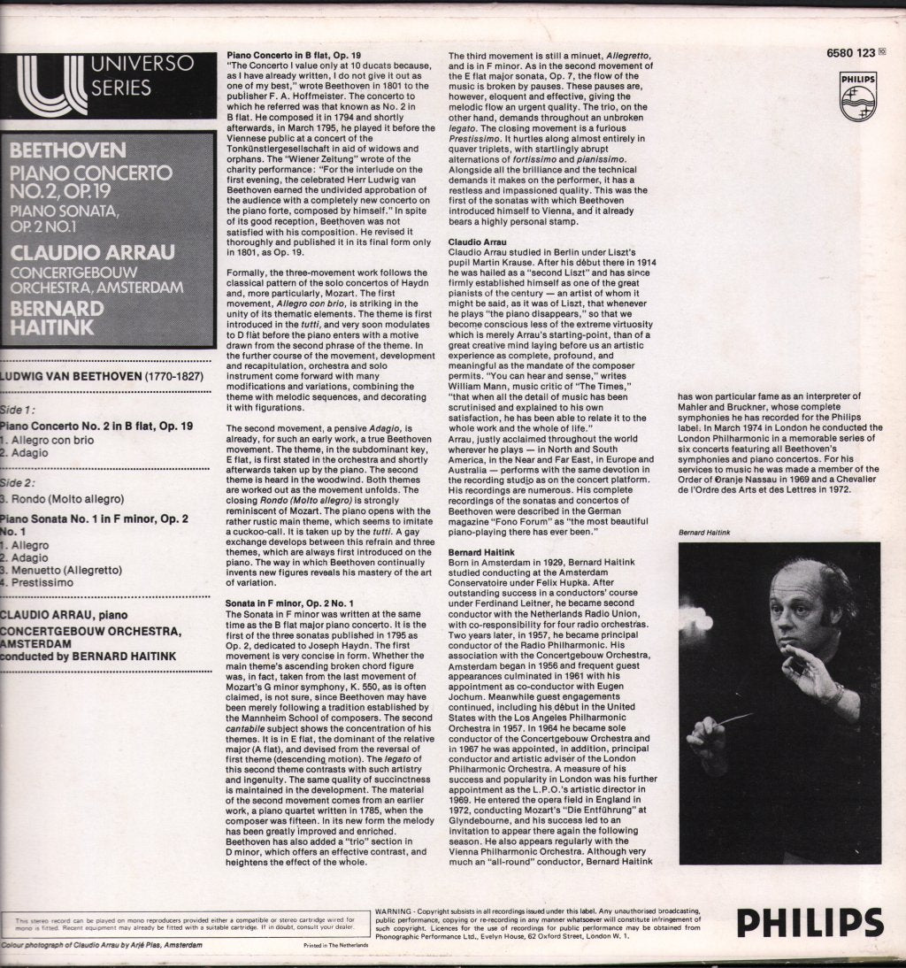 Claudio Arrau / Bernard Haitink / Concertgebouw Orchestra, Amsterdam - Beethoven - Piano Concerto No. 2, Op. 19; Piano Sonata, Op. 2 No. 1 - Lp