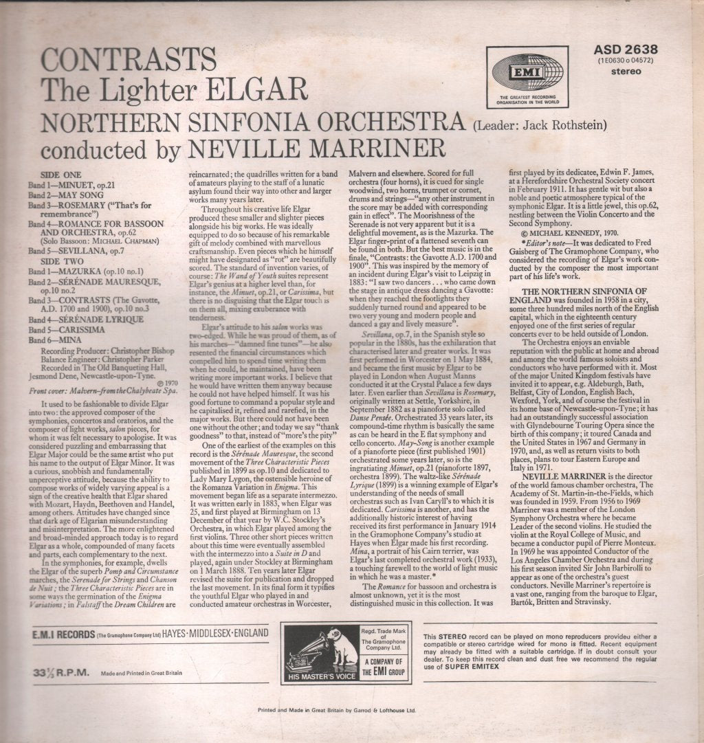 Neville Marriner / Northern Sinfonia Orchestra - Contrasts - The Lighter Elgar - Lp