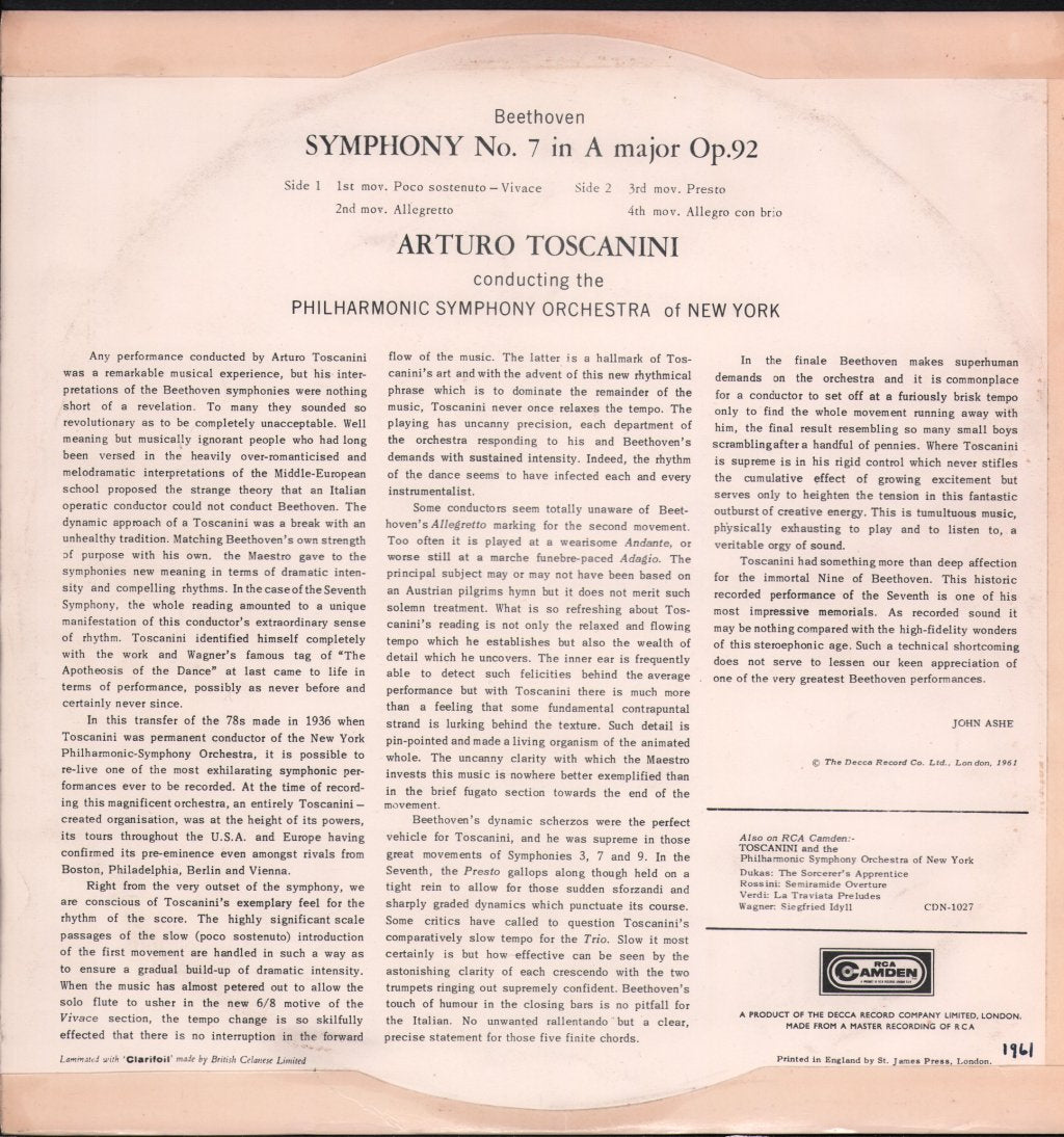 Arturo Toscanini / New York Philharmonic Orchestra - Beethoven - Seventh Symphony - Lp