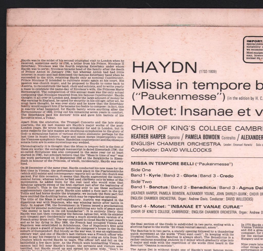 Heather Harper / Pamela Bowden / Alexander Young / John Shirley-Quirk / Choir Of King's College, Cambridge - Haydn - Missa In Tempore Belli (Paukenmesse) - Lp
