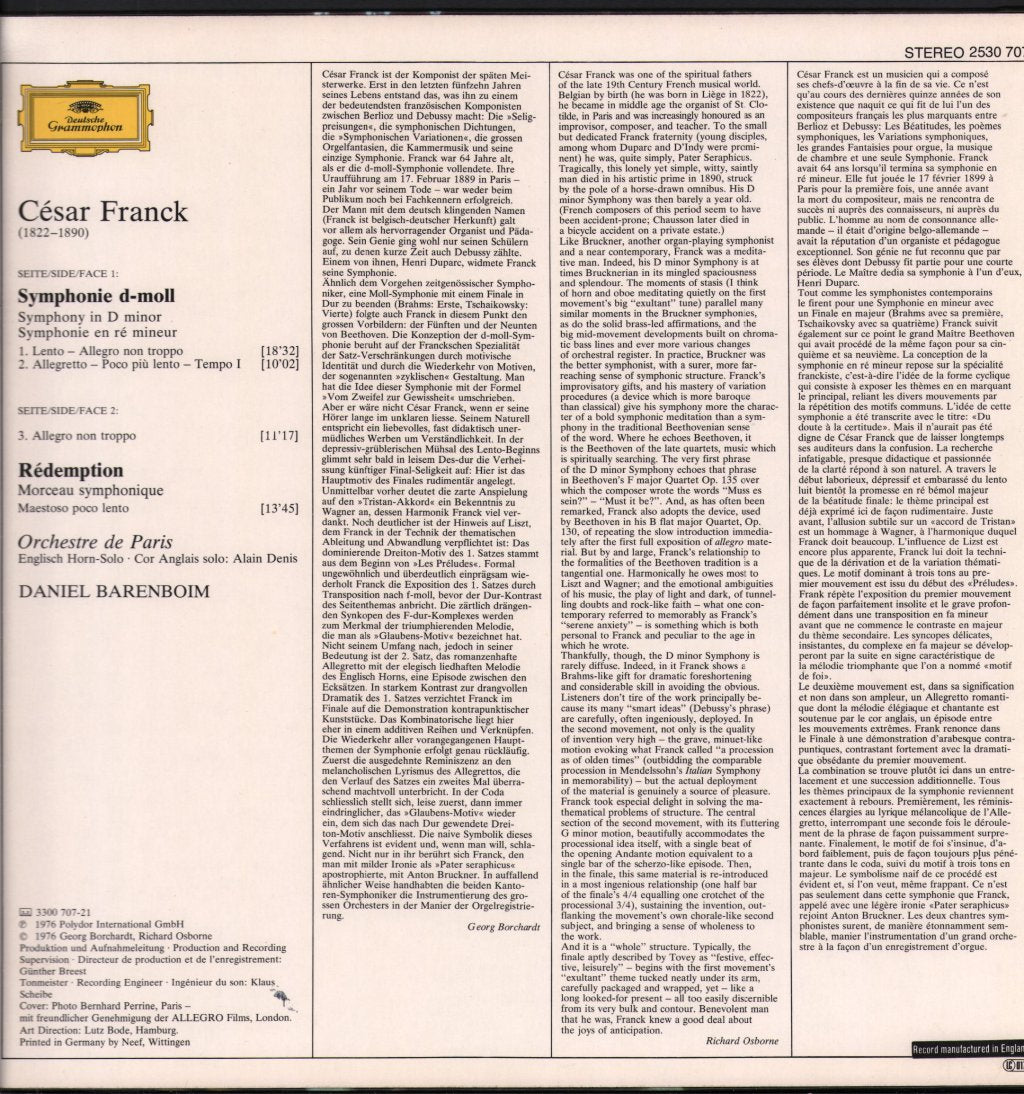 Daniel Barenboim / Orchestre De Paris - Cesar Franck - Symphonie D-Moll / In D Minor - Lp