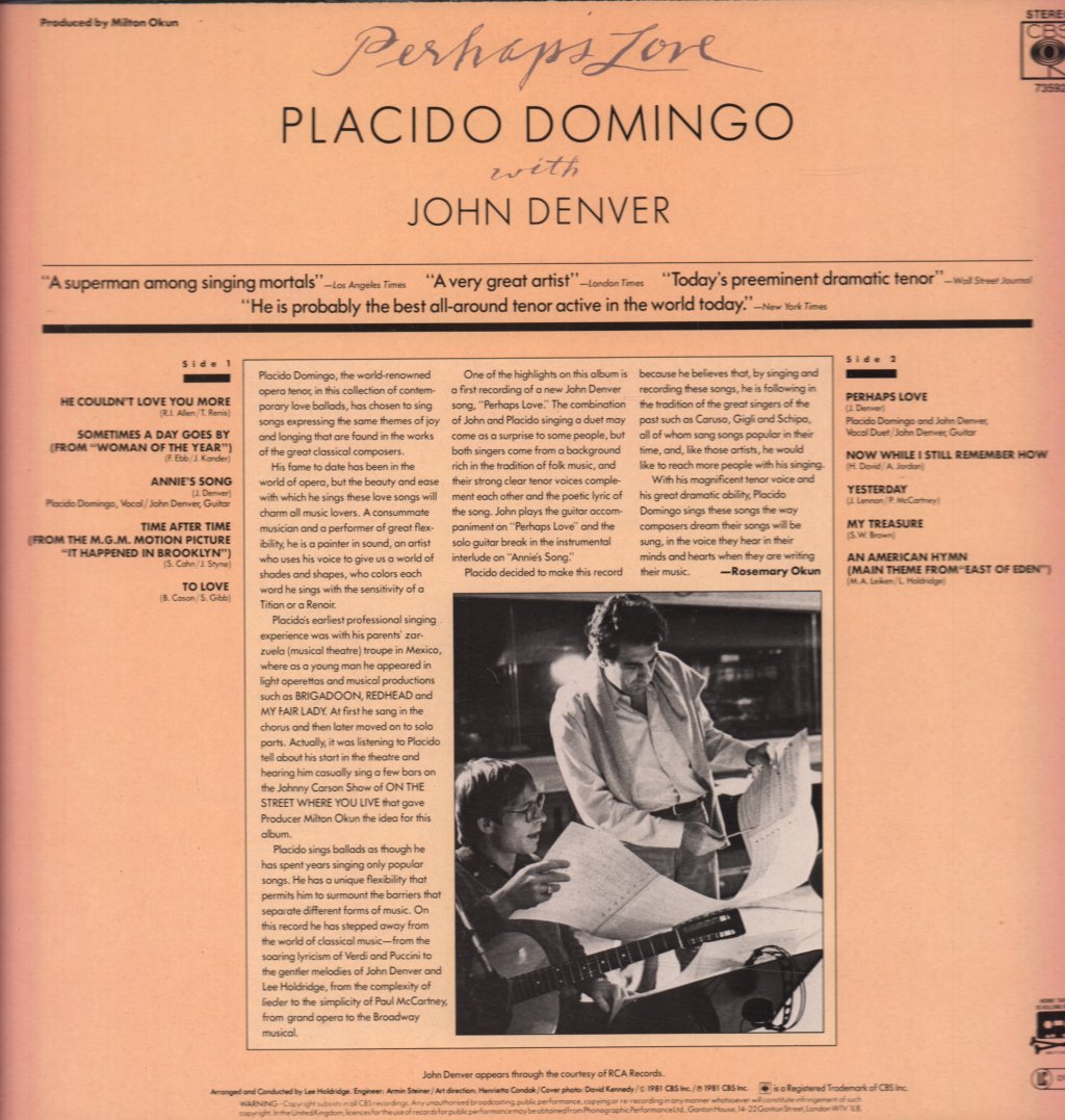 Placido Domingo And John Denver - Perhaps Love - Lp