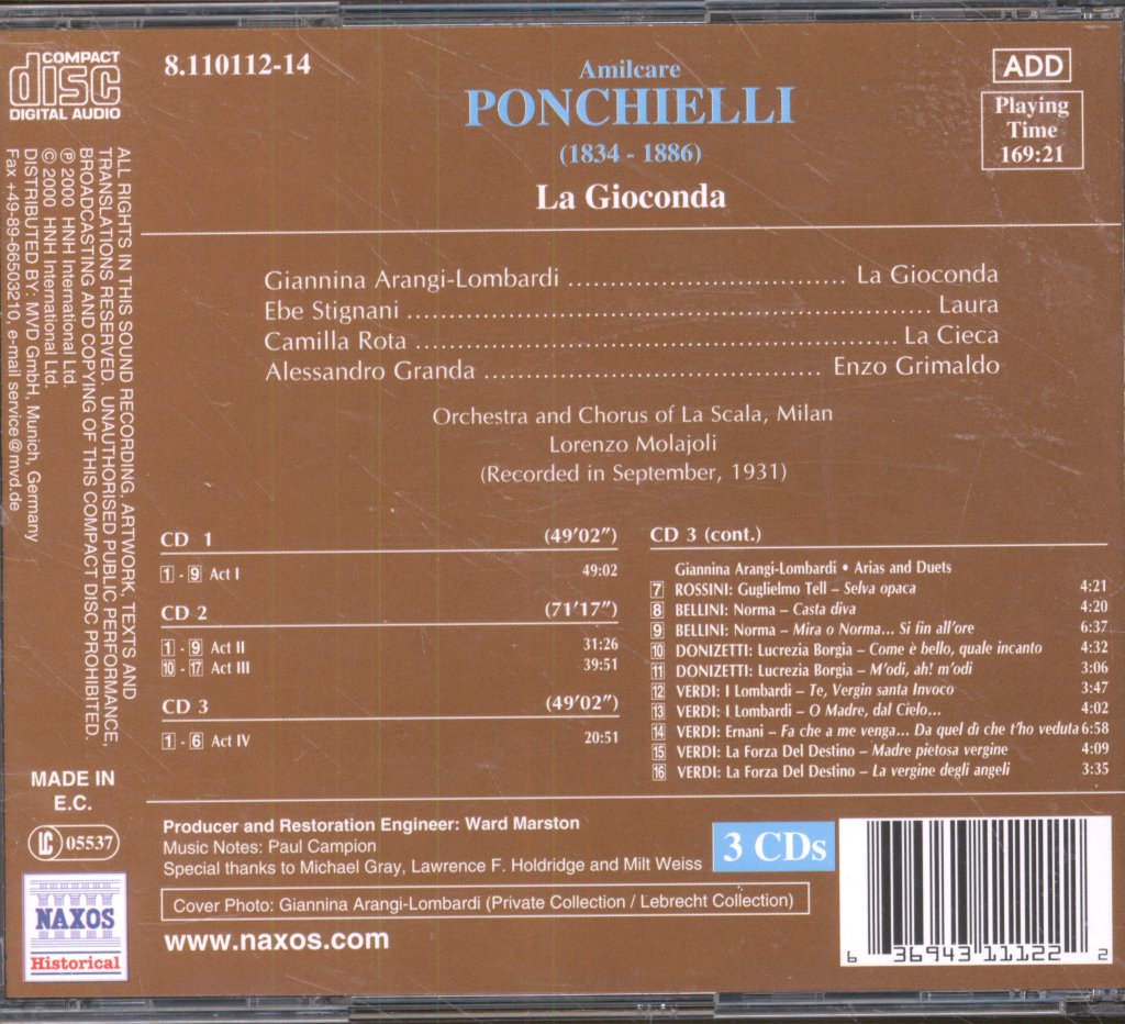 Orchestra And Chorus Of La Scala Opera House Milan, Lorenzo Molajoli - Ponchielli - La Gioconda - Cd Set