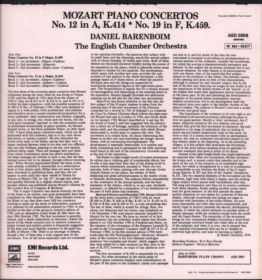 Daniel Barenboim / English Chamber Orchestra - Mozart - Piano Concertos: No. 12 In A, K.414 · No. 19 In F, K.459 - Lp