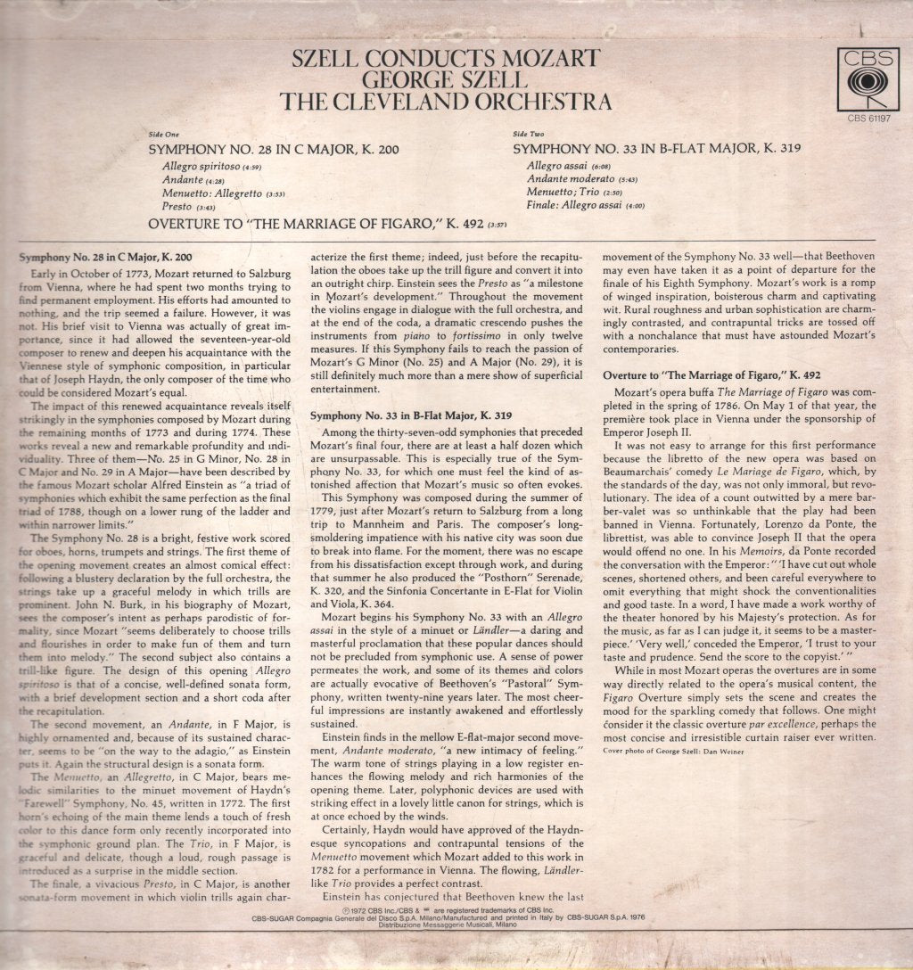George Szell / Cleveland Orchestra - Szell Conducts Mozart - Symphony No. 33 In B-Flat, K. 319 - Lp