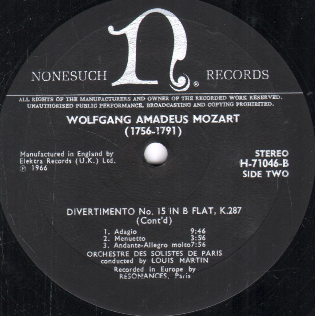Orchestre des Solistes de Paris / Louis Martin - Wolfgang Amadeus Mozart - Divertimento No. 15 In B Flat For Two Horns And Strings, K.287 - Lp