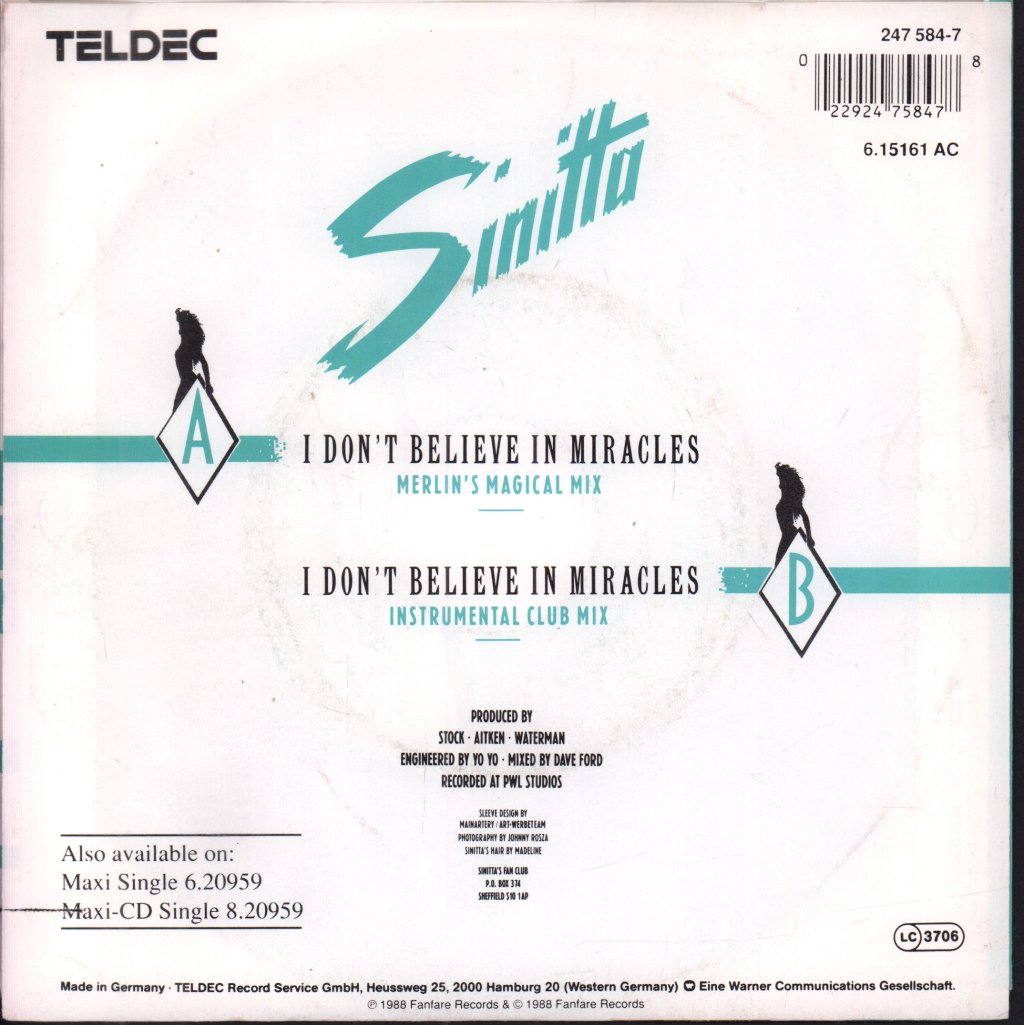 Sinitta - I Don't Believe In Miracles - 7 Inch