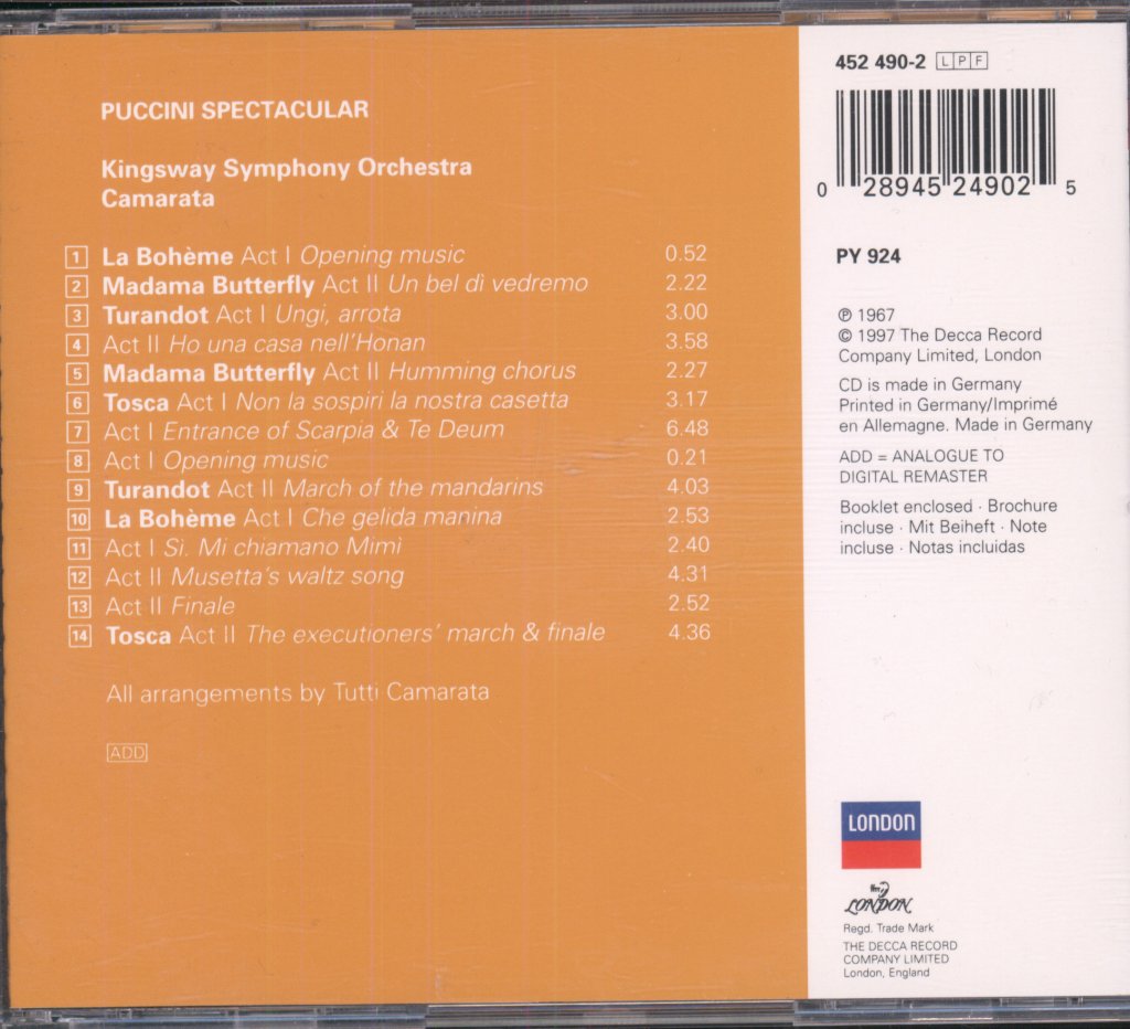 Kingsway Symphony Orchestra, Tutti Camarata - Puccini Spectacular - Cd