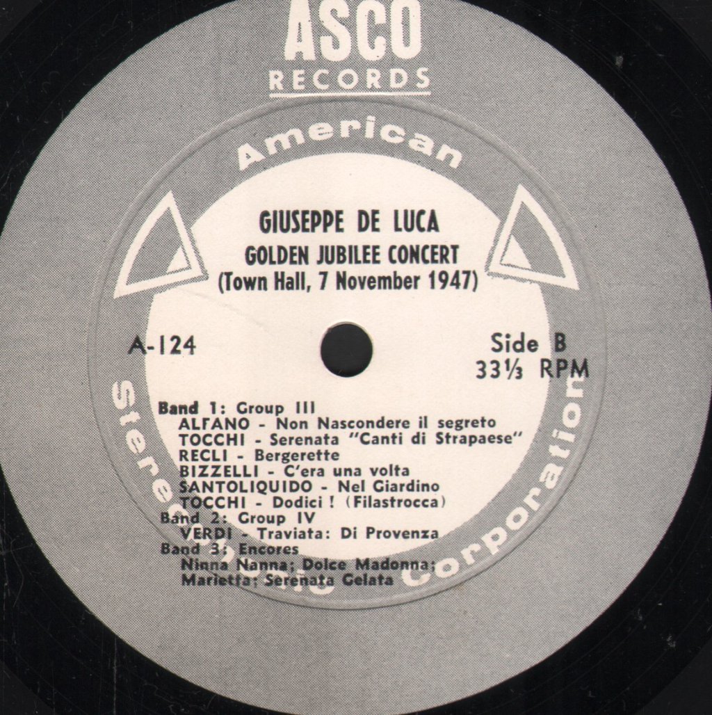 Giuseppe De Luca - Golden Jubilee Concert - Town Hall, 7 November 1947 - Lp