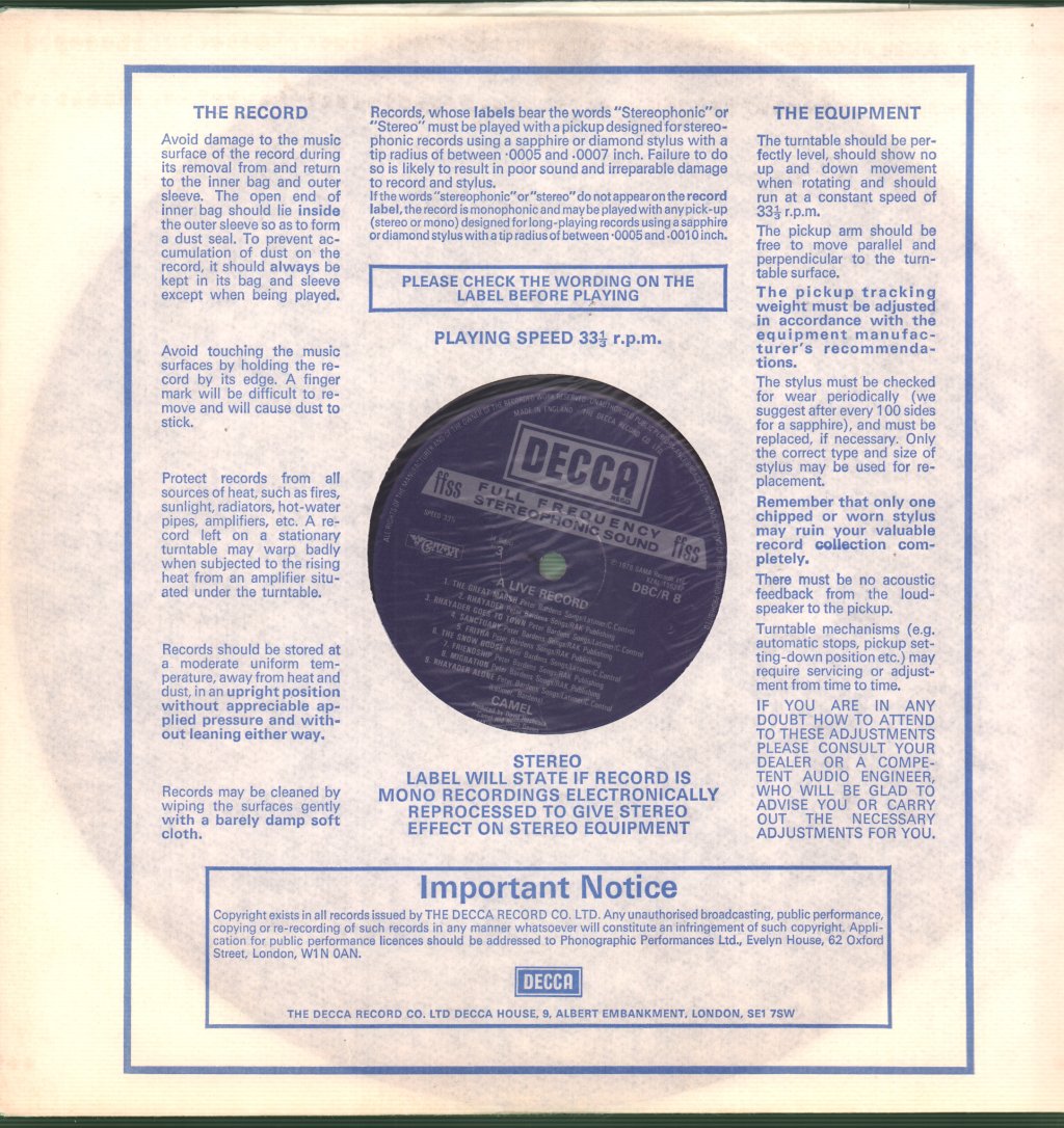 Camel - A Live Record - Double Lp