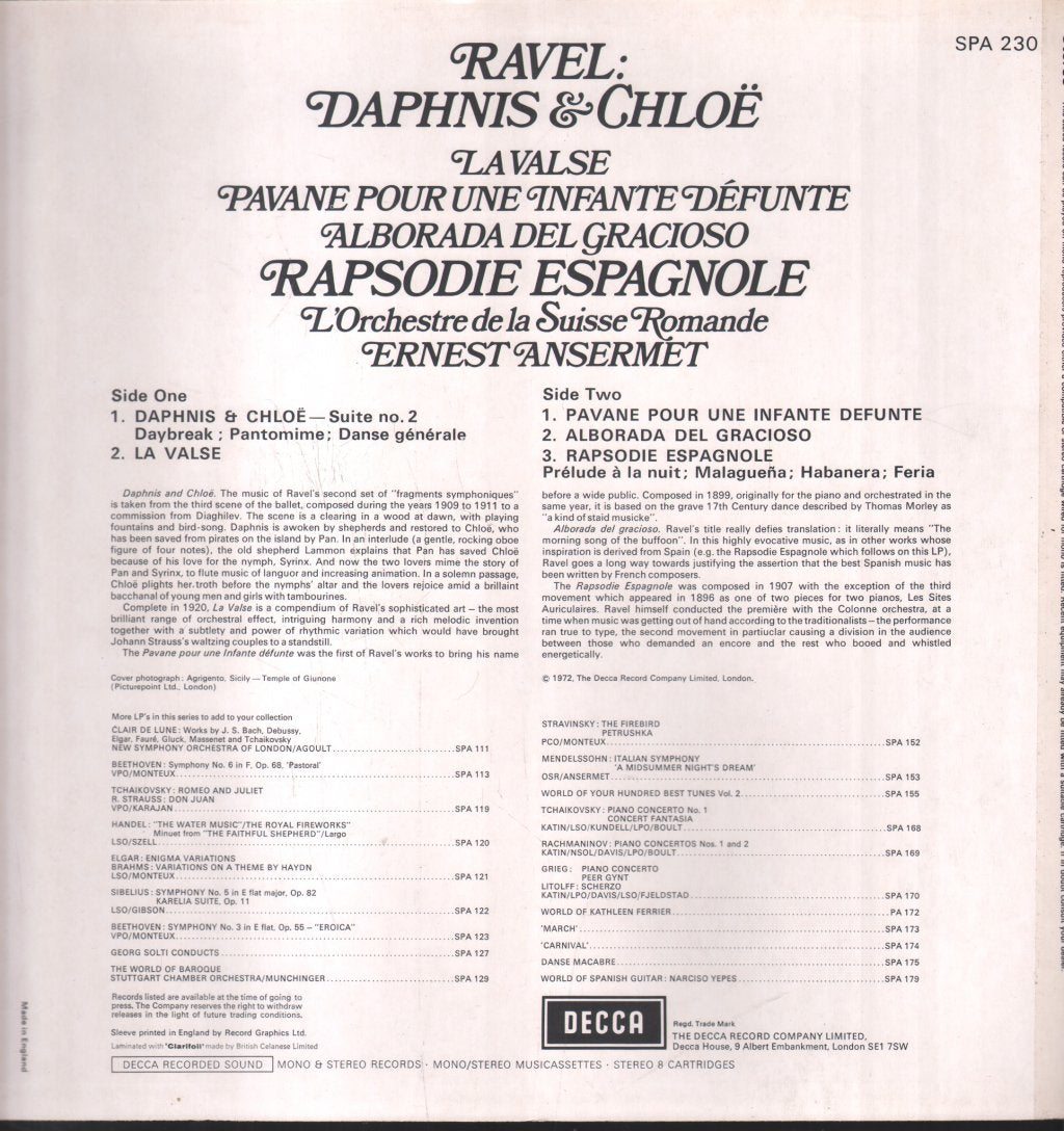 Ernest Ansermet / L'Orchestre De La Suisse Romande - Ravel - Daphnis & Chloe - Suite No. 2 - Lp
