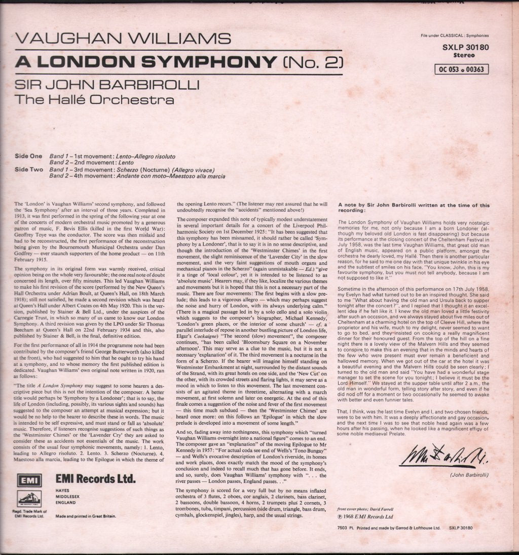Sir John Barbirolli / Halle Orchestra - Vaughan Williams - A London Symphony - Lp
