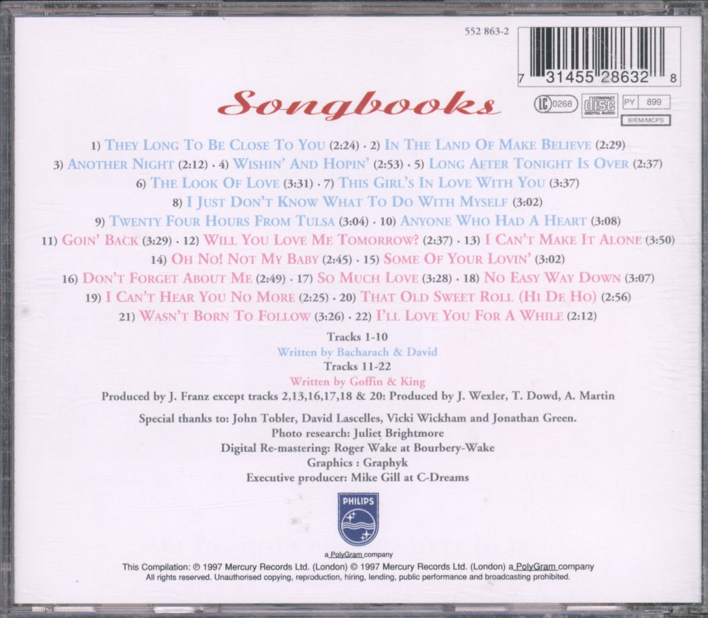 Dusty Springfield - Songbooks (Dusty Sings The Songs Of Bacharach & David And Goffin & King) - Cd