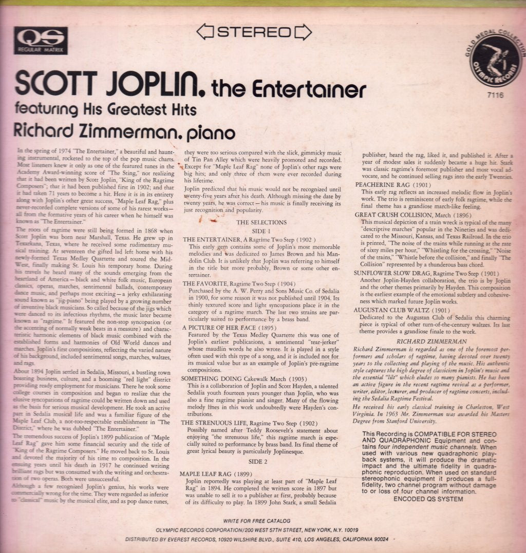 Richard Zimmerman - Scott Joplin. The Entertainer Featuring His Greatest Hits - Lp
