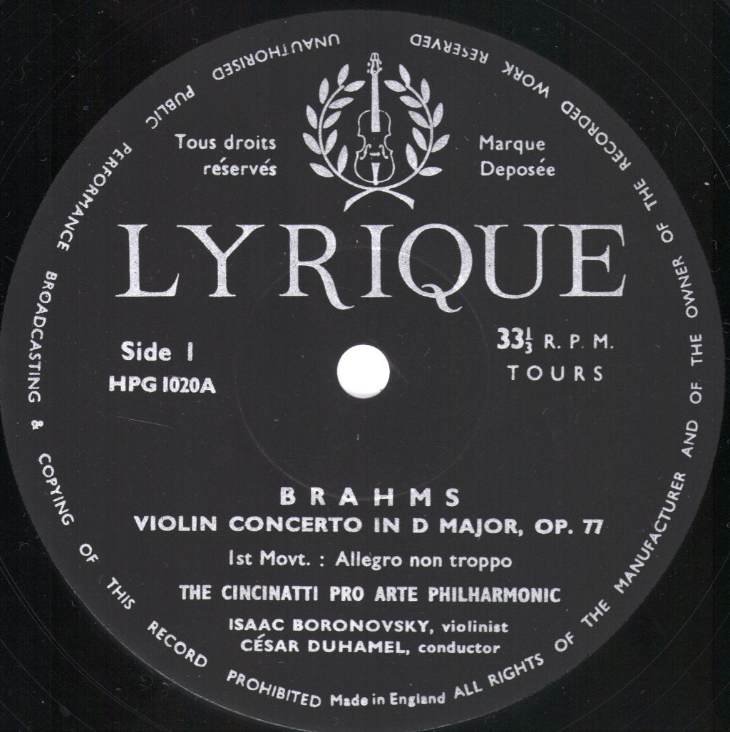 Isaac Boronovsky / Cincinnati Pro Arte Philharmonic - Brahms Violin Concerto In D Major - Lp
