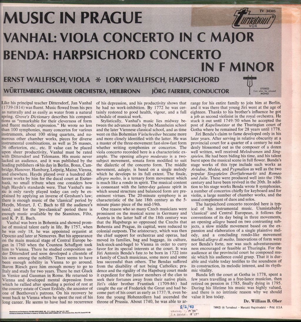 Ernst Wallfisch / Lory Wallfisch / Württemberg Chamber Orchestra, Heilbronn / Jörg Faerber - Music In Prague - Vanhal - Viola Concerto / Benda - Harpsichord Concerto - Lp