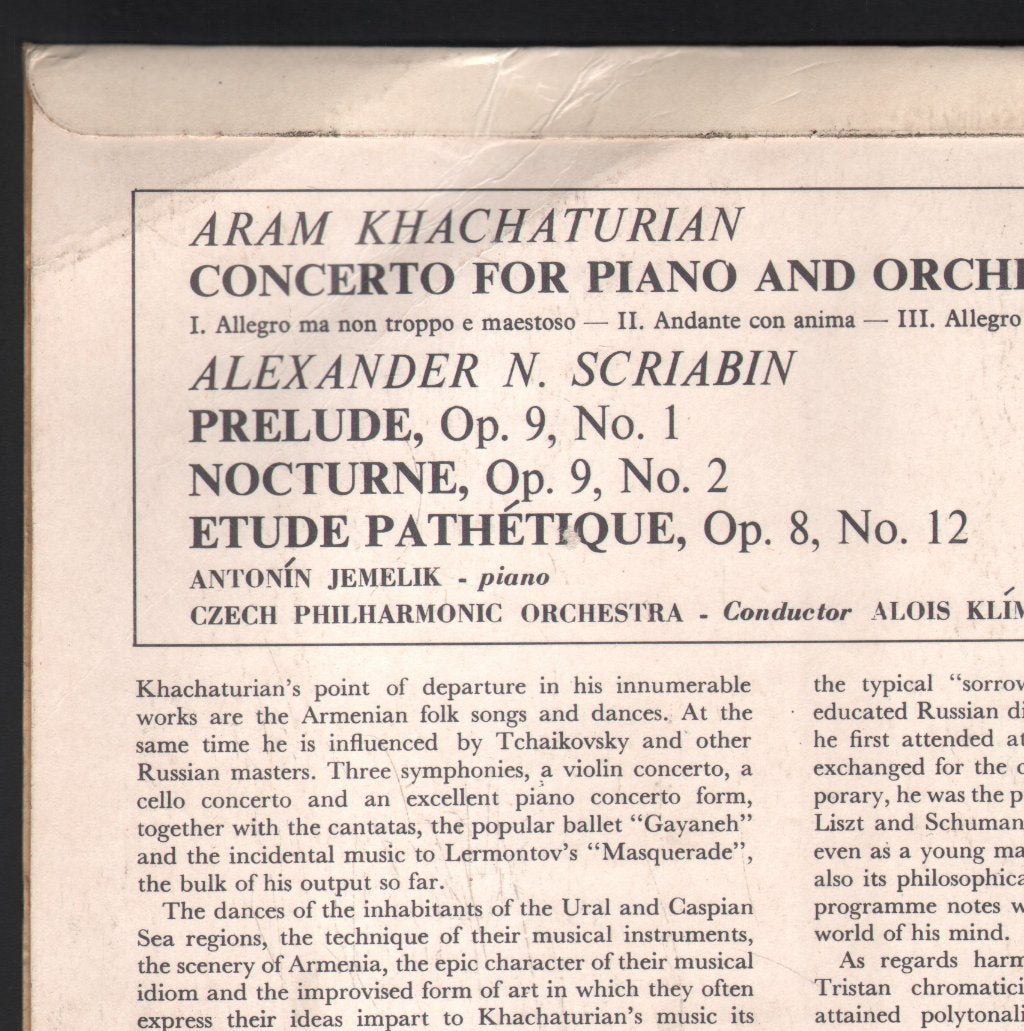 Antonin Jemelik / Czech Philharmonic Orchestra / Alois Klima - Aram Khatchaturian - Concerto For Piano And Orchestra - Lp