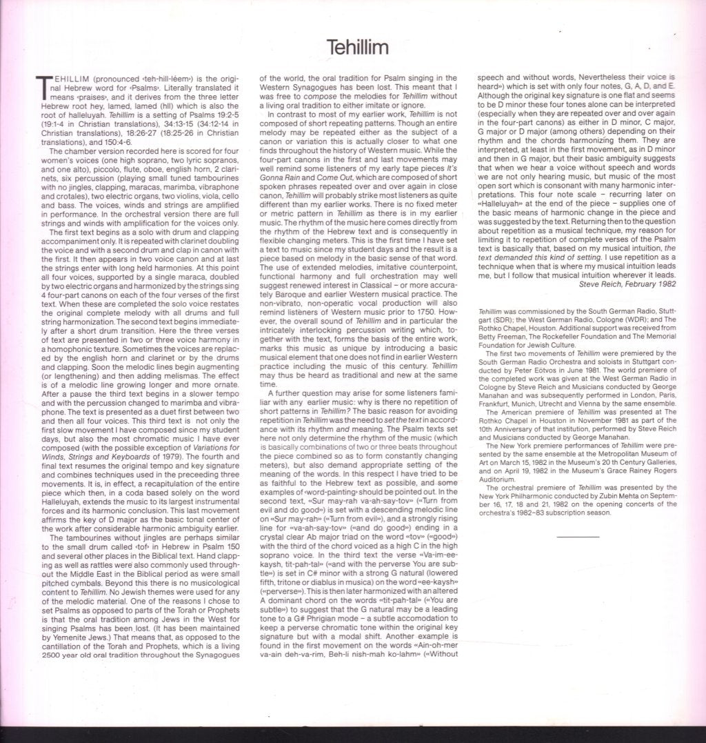 Steve Reich - Tehillim - Lp