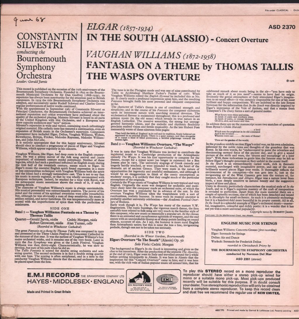 Constantin Silvestri And Bournemouth Symphony Orchestra - Elgar - In The South - Lp