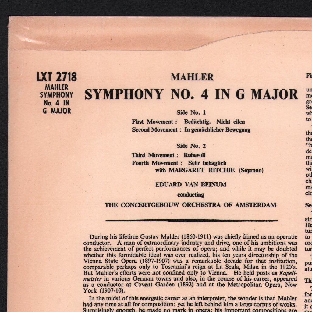 Eduard Van Beinum / Concertgebouw Orchestra Of Amsterdam With Margaret Ritchie - Mahler - Symphony No. 4 In G Major - Lp