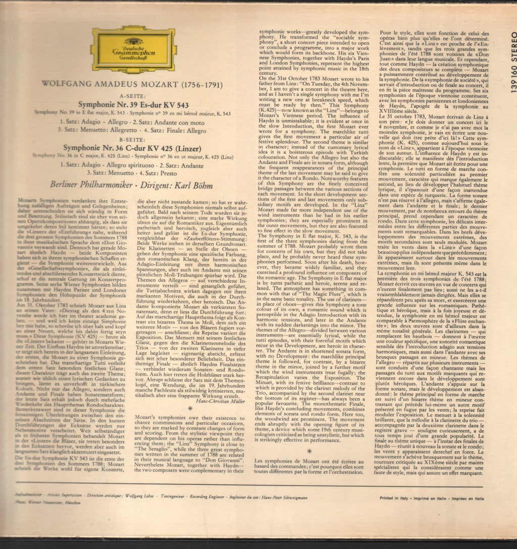 Karl Bohm / Berliner Philharmoniker - Mozart - Symphonien Nr. 39 Es-Dur / Nr. 36 Linzer - Lp