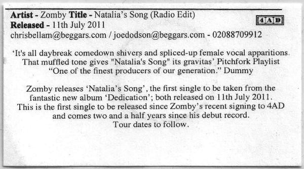 Zomby - Natalia's Song - Cdr