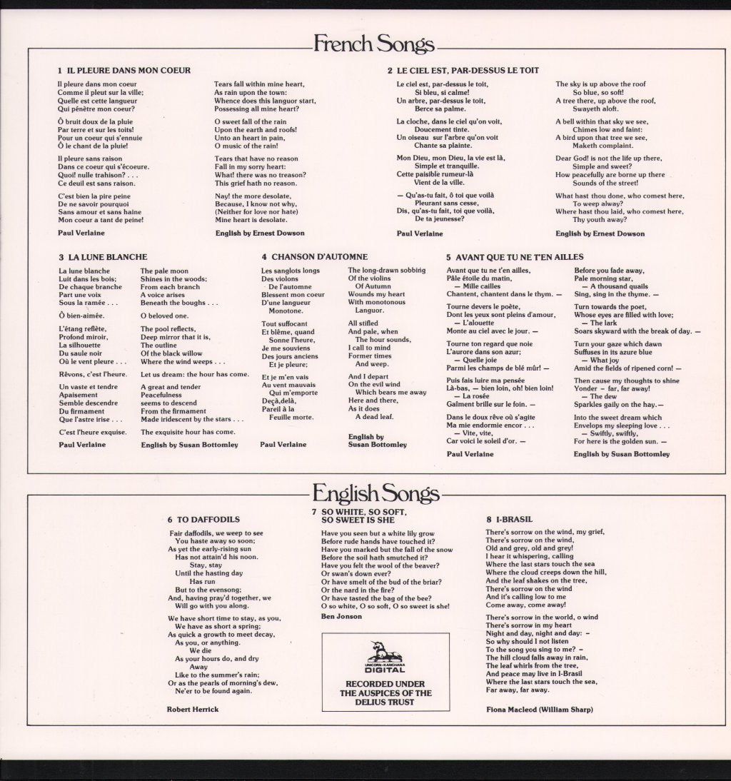 Felicity Lott / Sarah Walker / Anthony Rolfe Johnson / Eric Fenby - Frederick Delius - English, French & Scandinavian Songs - Lp