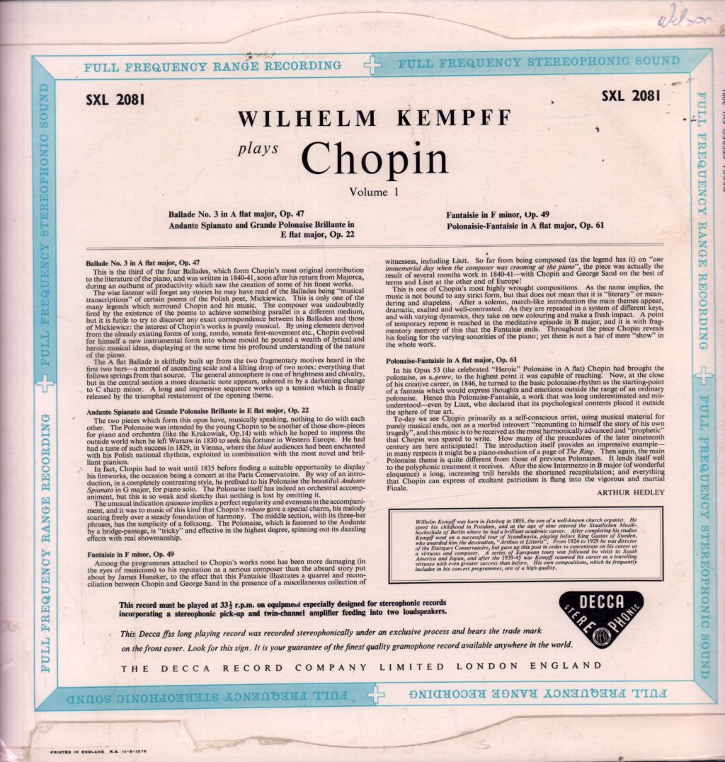 Wilhelm Kempff - Plays Chopin volume 1 - Lp