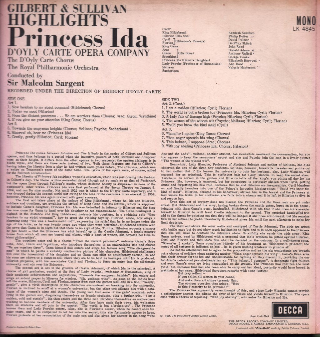 D'Oyly Carte Opera Company - Gilbert & Sullivan Highlights Princess Ida - Lp