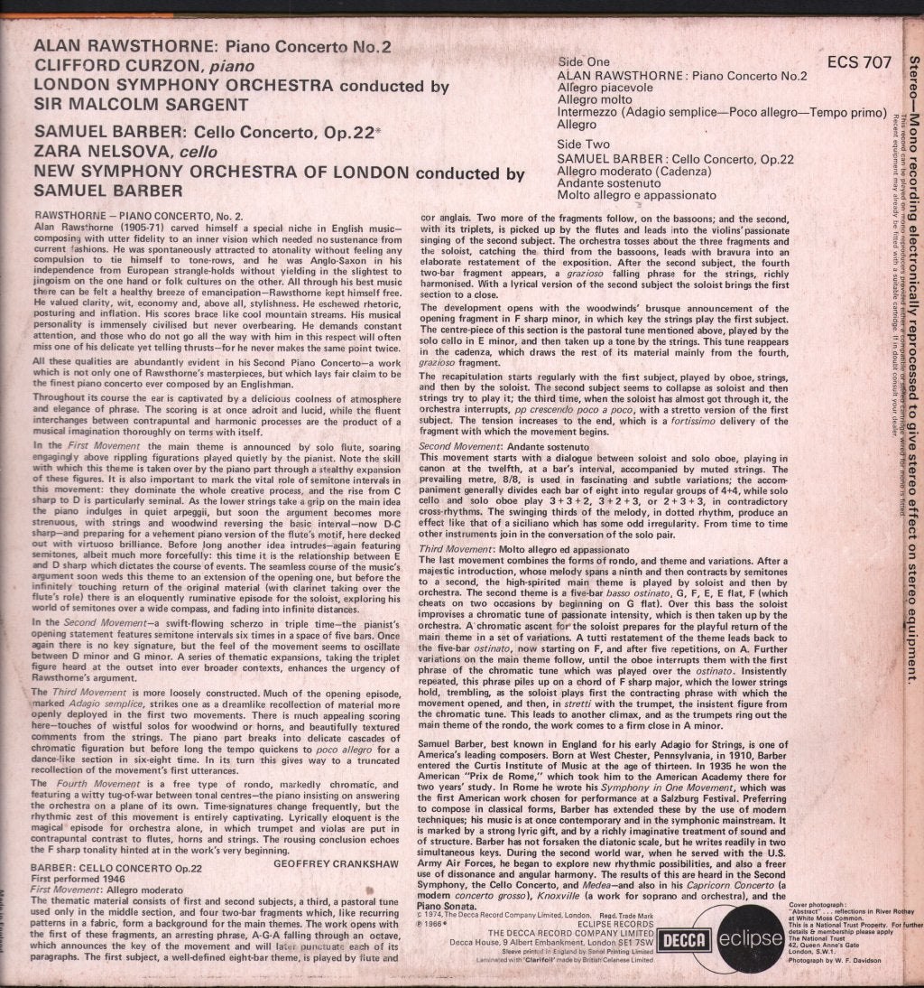 Clifford Curzon / Zara Nelsova - Rawsthorne - Piano Concerto No.2 / Barber - Cello - Lp