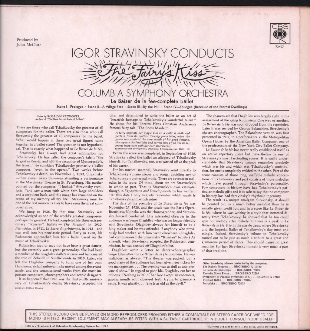 Igor Stravinsky / Columbia Symphony Orchestra - Igor Stravinsky Conducts The Fairy´s Kiss - La Baiser De La Fée - Lp