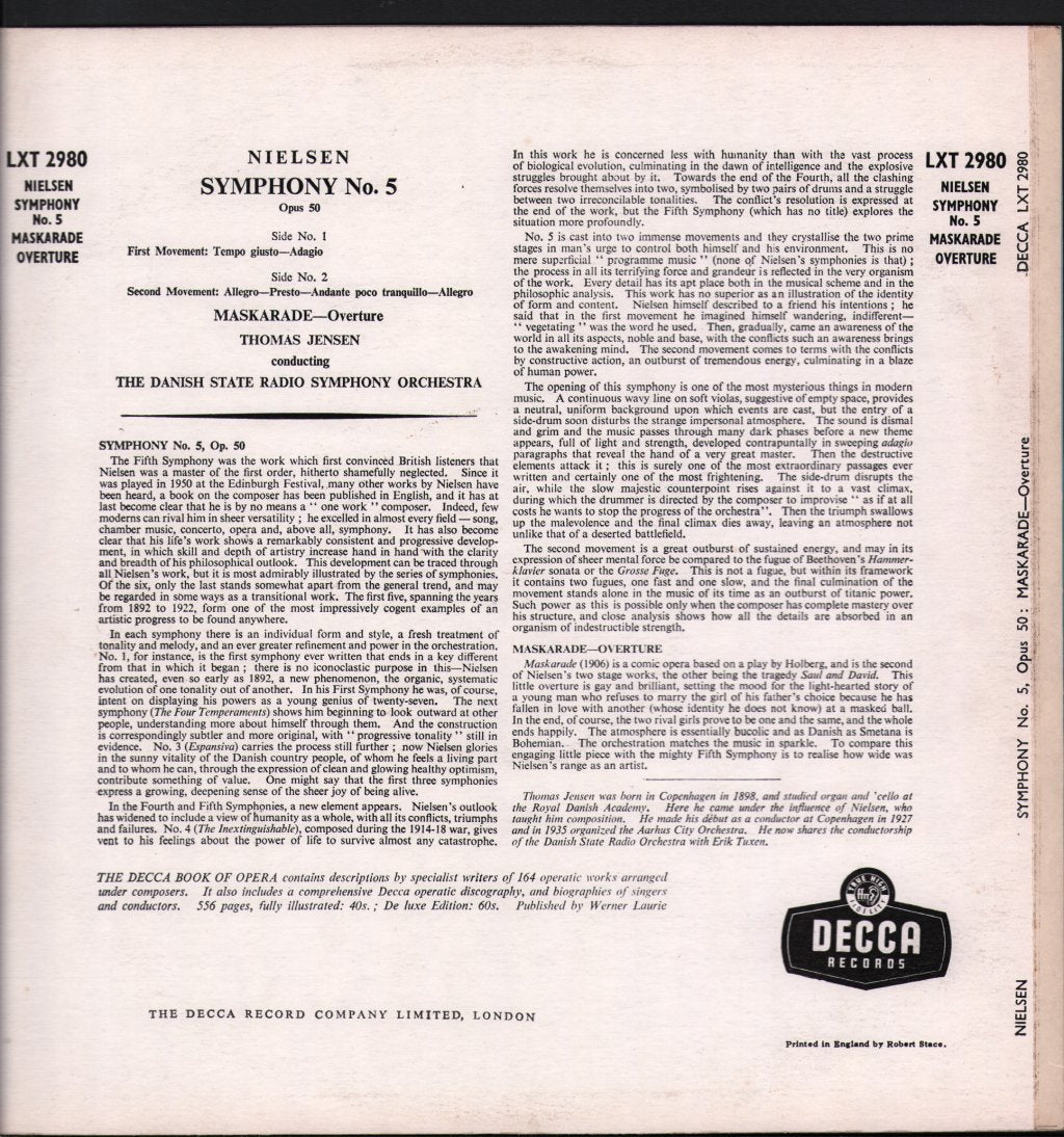 Thomas Jensen / Danish State Radio Symphony Orchestra - Nielsen Symphony No. 5 / Maskarade Overture - Lp