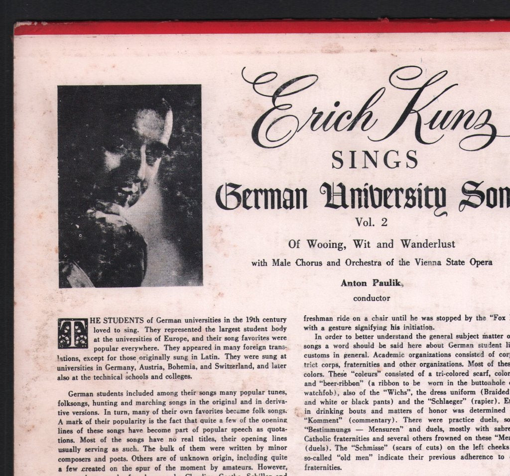 Erich Kunz - Erich Kunz Sings German University Songs Of Wooing, Wit And Wanderlust, Vol. 2 - Lp
