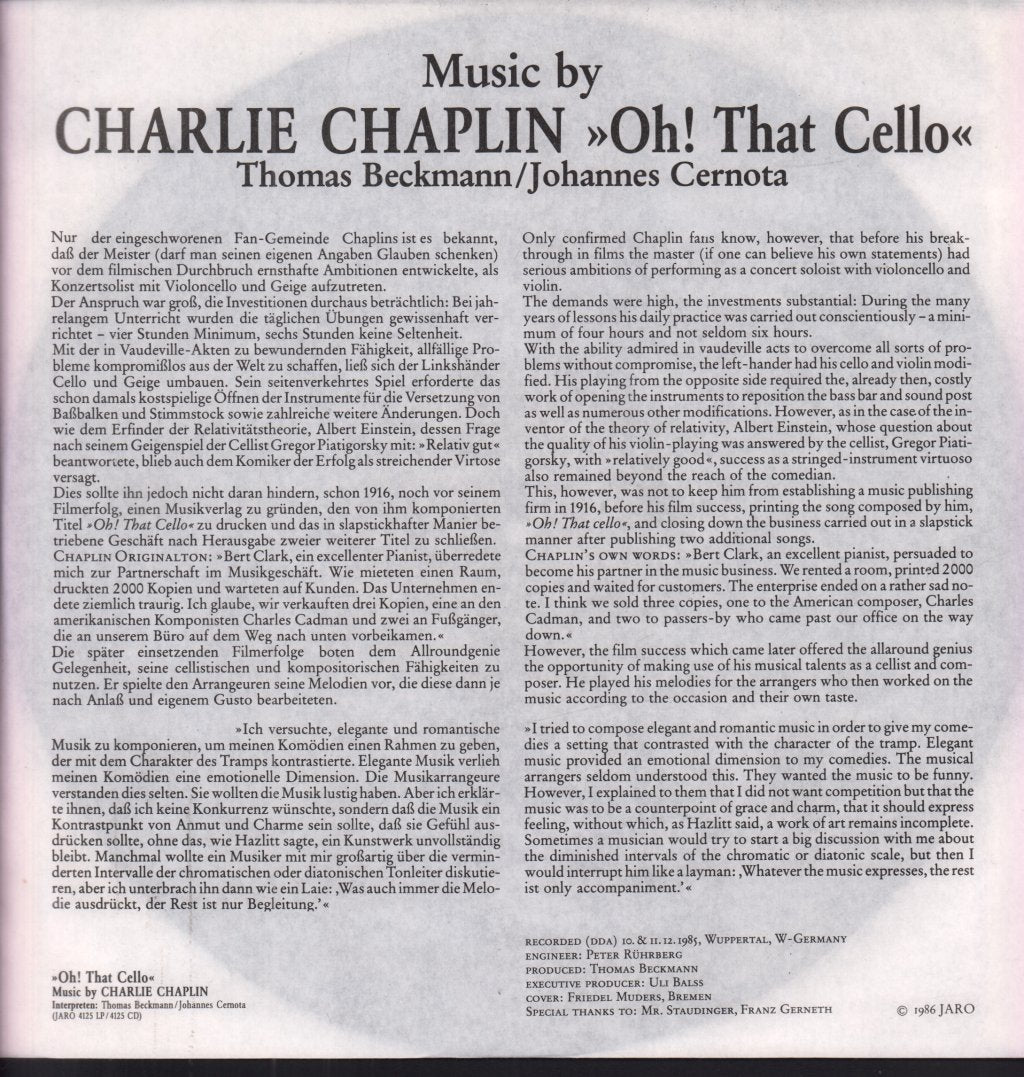 Thomas Beckman/Johannes Cernota - Oh That Cello Music By Charlie Chaplin - Lp