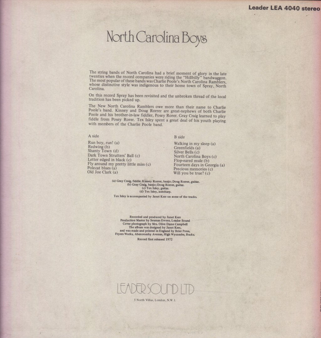 Tex Isley,Gray Craig And The Newnorth Carolina Ramblers - North Carolina Boys - Lp