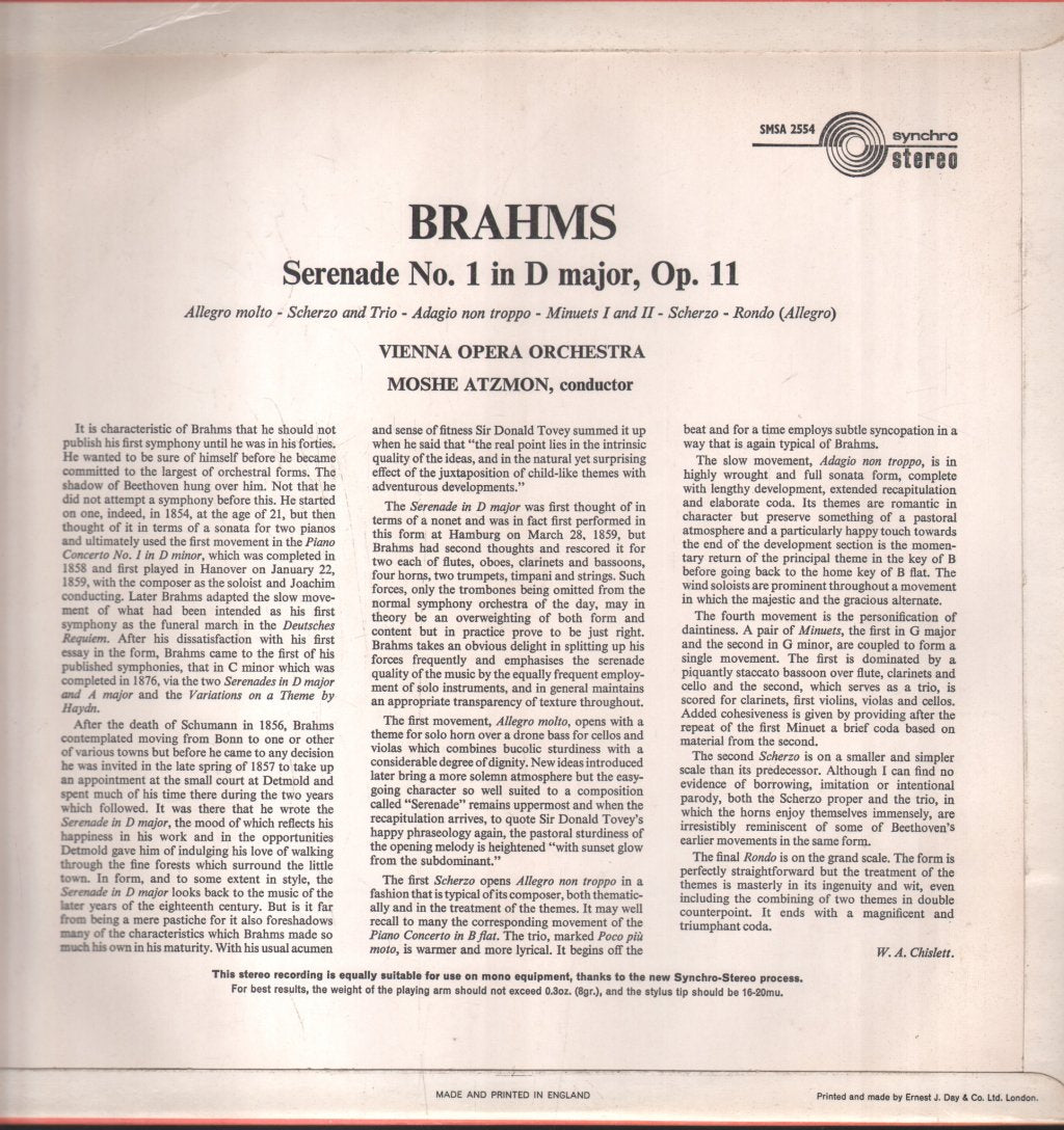 Moshe Atzmon / Vienna Opera Orchestra - Brahms - Serenade No.1 In D Major, Op.11 - Lp