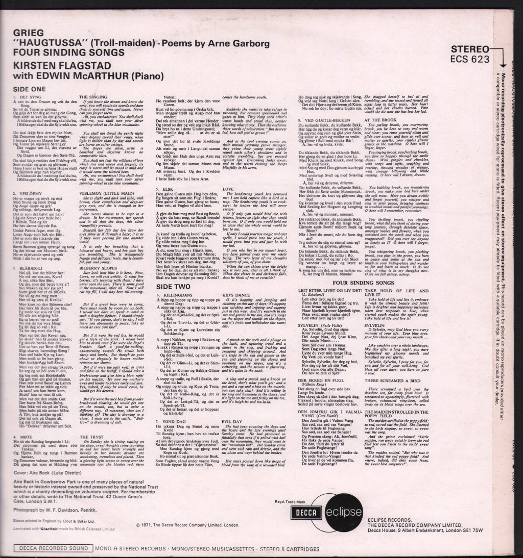 Kirsten Flagstad / Edwin McArthur - Grieg - "Haugtussa" / Four Sinding Songs - Lp