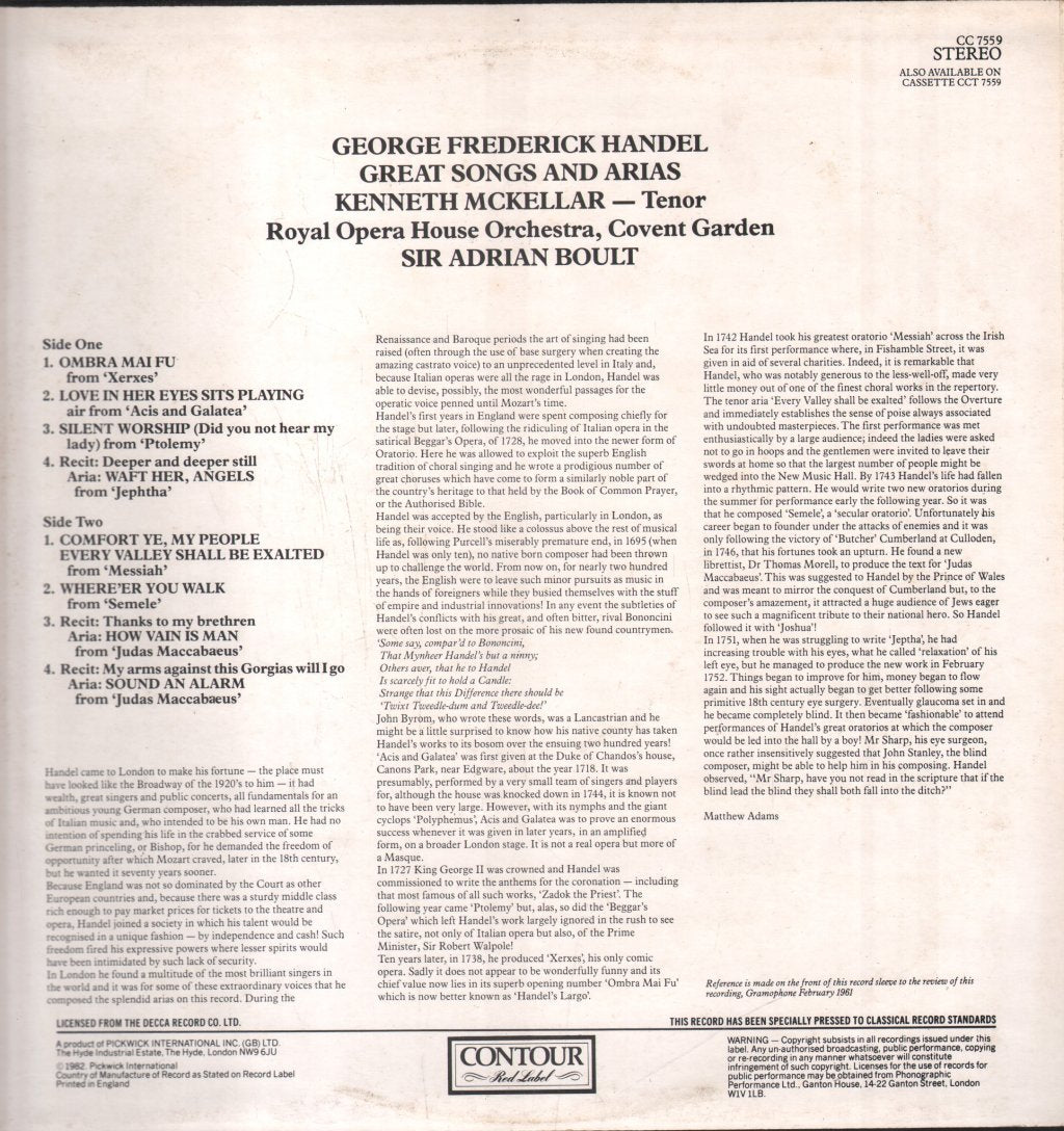 Kenneth McKellar / Sir Adrian Boult / Royal Opera House Orchestra, Covent Garden - Great Handel Songs And Arias - Lp