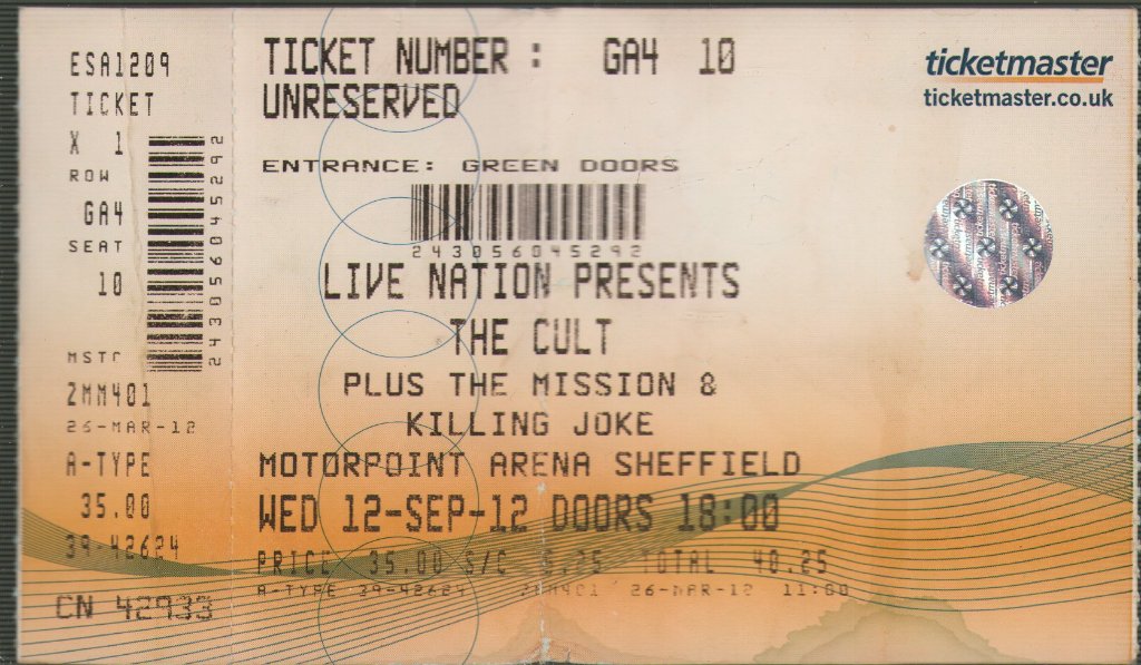 Cult/Mission/Killing Joke - Sheffield Motorpoint Arena 12th September 2012 - Ticket