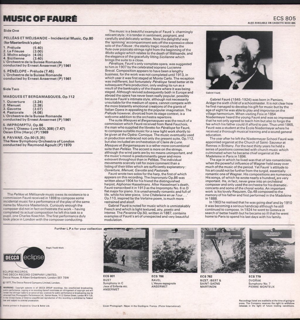 Ernest Ansermet / L'Orchestre De La Suisse Romande - Music Of Faure - Lp