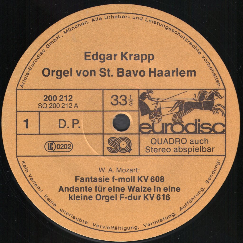 Edgar Krapp - Wolfgang Amadeus Mozart - Fantasie f-moll/Minor KV 608 / Johann Sebastian Bach - Pastorale F-dur/Major BWV 590 - Lp