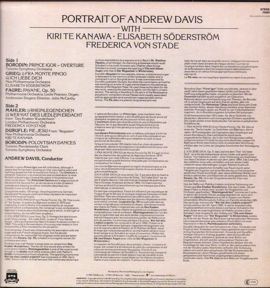 Kiri Te Kanawa / Elisabeth Soderstrom / Frederica Von Stade - Portrait of Andrew Davis - Lp