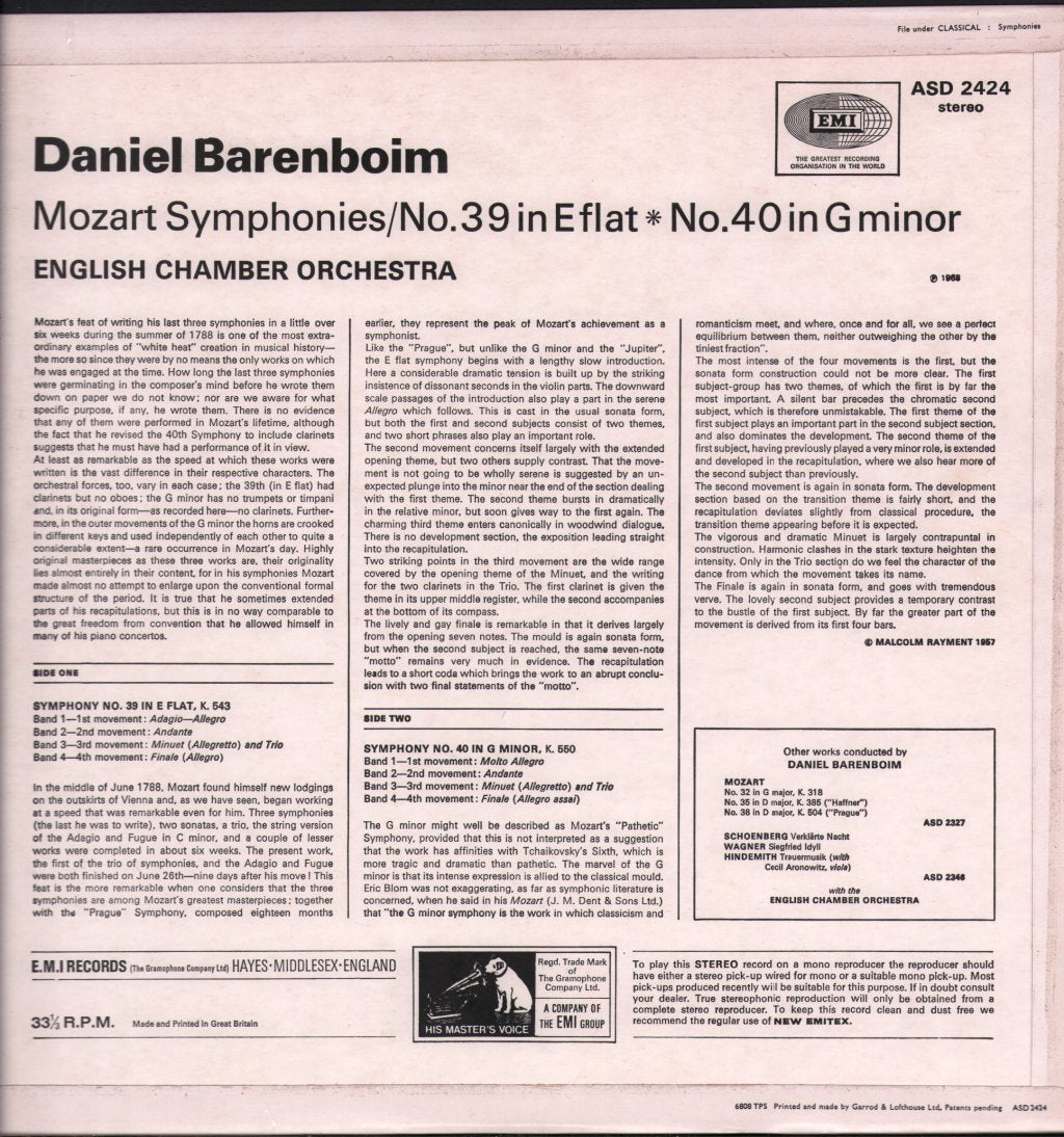 Daniel Barenboim / English Chamber Orchestra - Mozart Symphonies: No. 39 In E Flat, K.543; No. 40 G Minor, K.550 - Lp