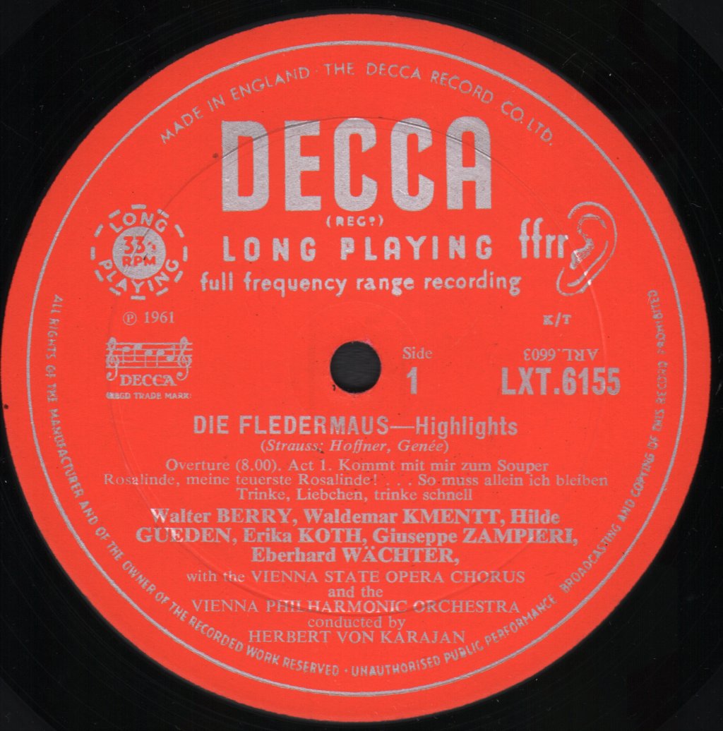 Hilde Gueden / Waldemar Kmentt / Erika Koth / Regina Resnik / Vienna Philharmonic Orchestra / Herbert Von Karajan - Johann Strauss - Die Fledermaus (Highlights) - Lp